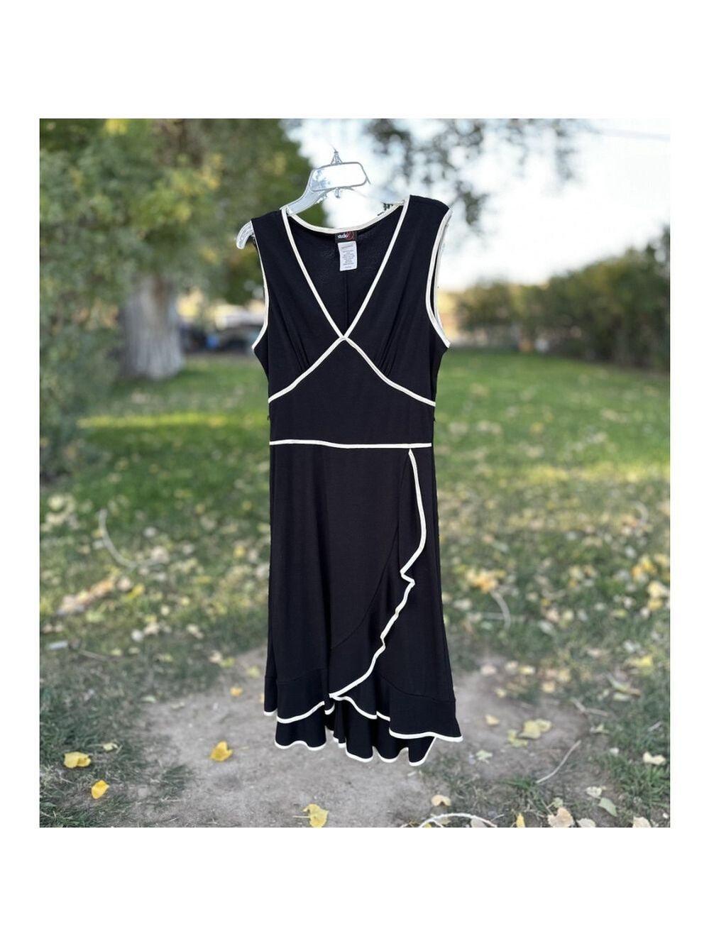 Studio Y Summer Wrap Dress Women 11/12 Front & Hem Ruffle Sleeveless Black White